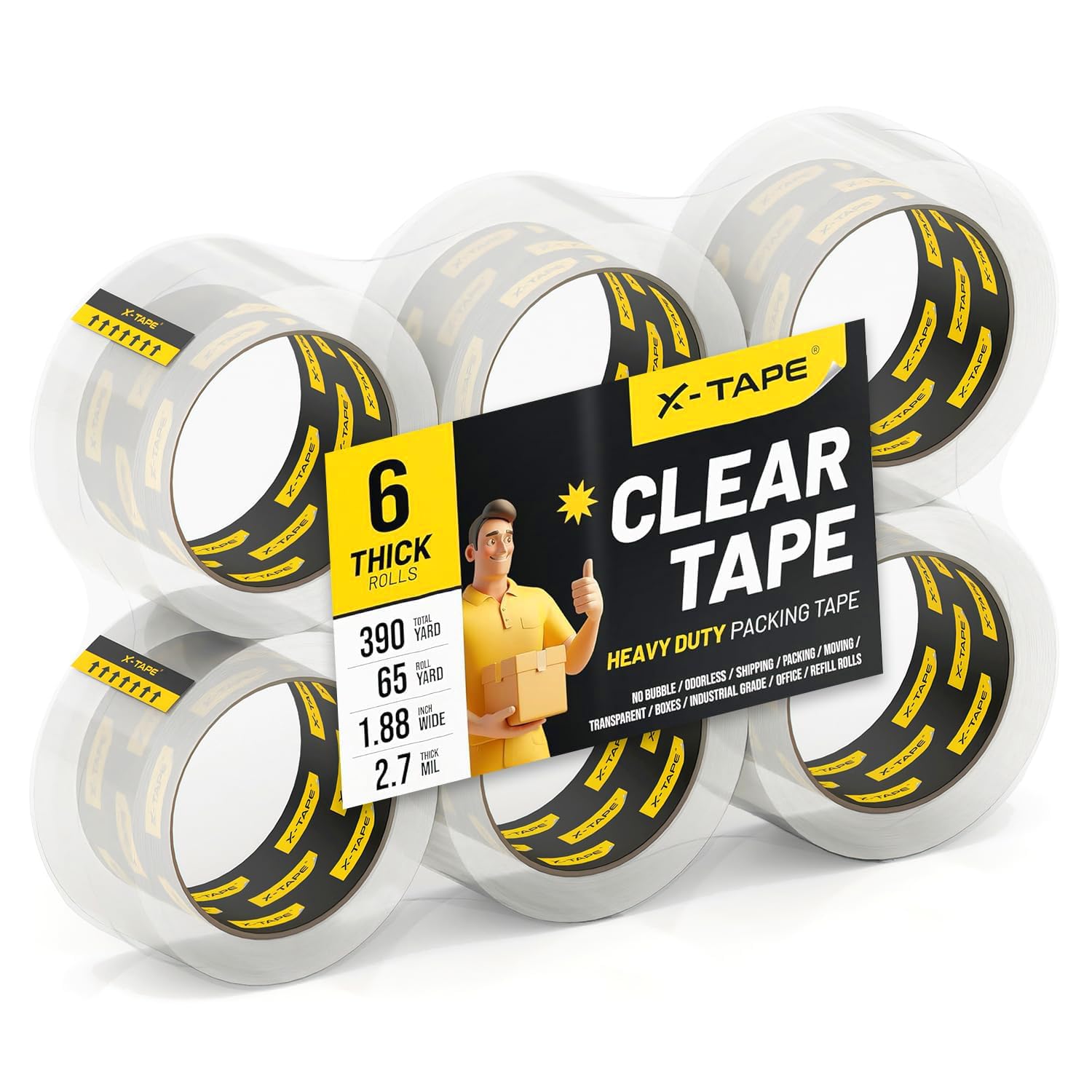 X-Tape 6 Rolls Clear Packing Tape - 6 Pack 390 Total Yards
