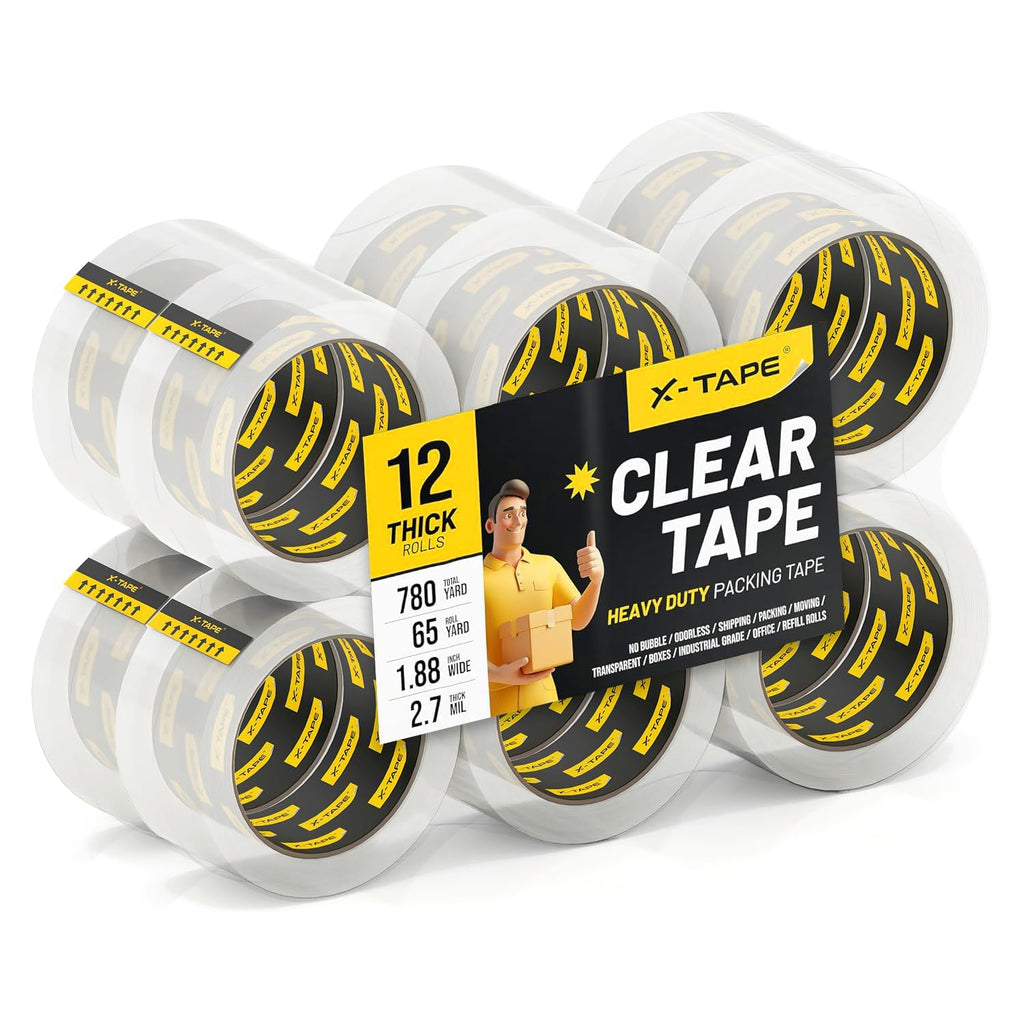 X-Tape Clear Packing Tape 12 Rolls Heavy Duty Bulk Pack - 780 Total Yards