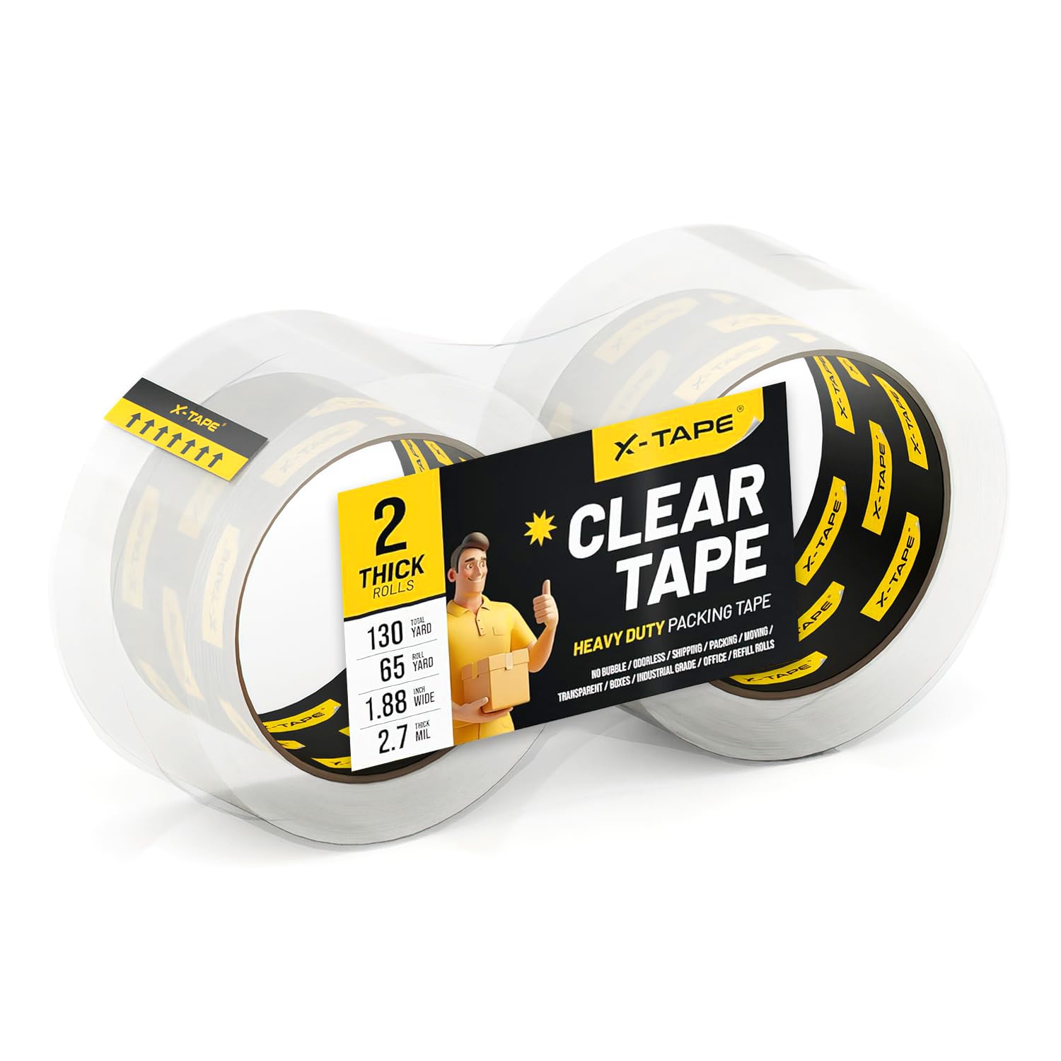 X-Tape Clear Packing Tape – 2 Rolls, Strong & Crystal Clear
